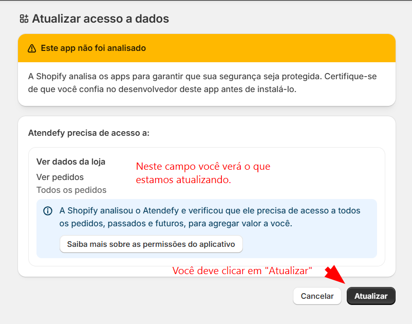 Tela de confirmação de instalação do app Atendefy na loja Shopify