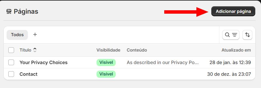 Botão Adicionar página na tela de Páginas da Shopify