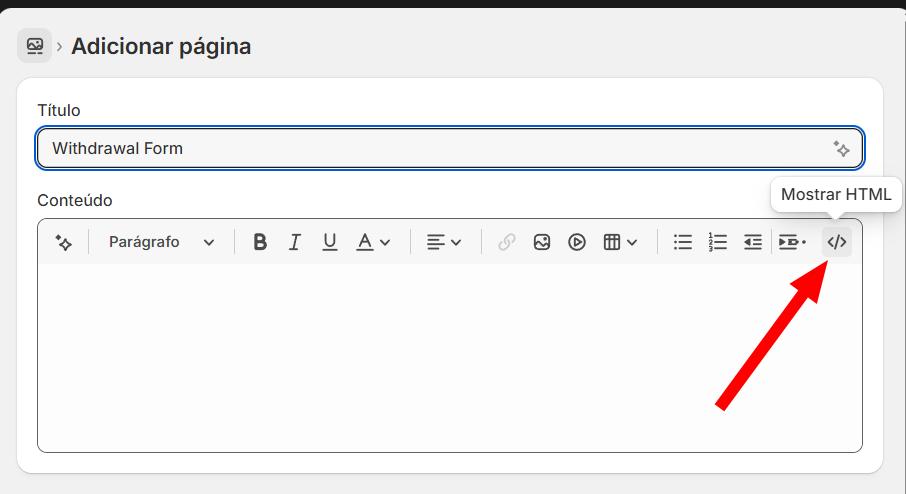 Editor de página da Shopify com o ícone de código fonte para abrir o editor HTML em destaque