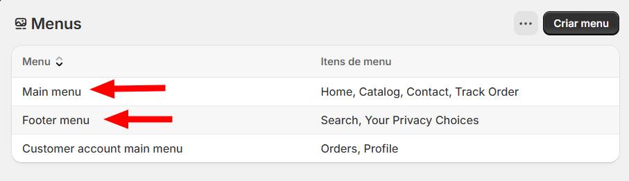 Tela de configuração de menus da Shopify para adicionar a página ao menu principal e ao rodapé