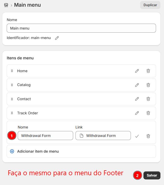 Configuração do item de menu Withdrawal Form vinculado à página criada na Shopify