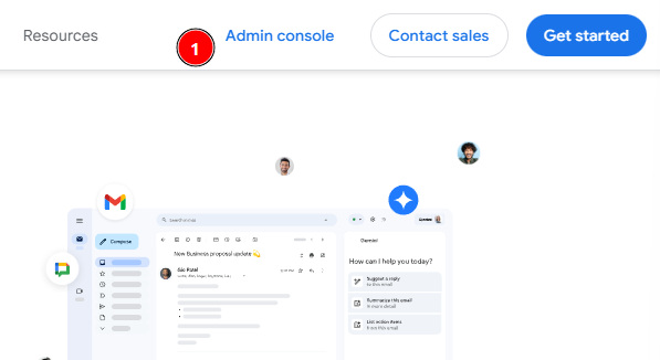 Página inicial do Google Workspace com o botão Admin Console