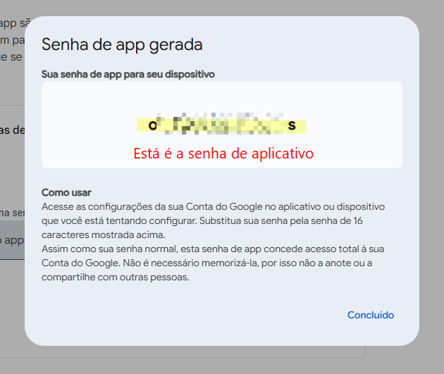 Janela do Google exibindo a senha de aplicativo gerada para o app Atendefy