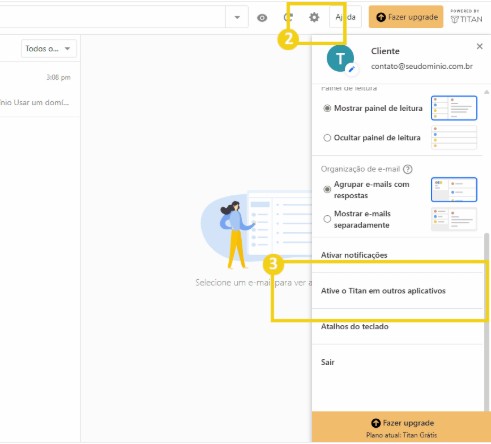 Menu de configurações do Titan Webmail com a opção Ative Titan em outros aplicativos