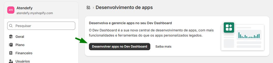 Menu de Configurações da Shopify com a opção Apps e o botão Desenvolver apps