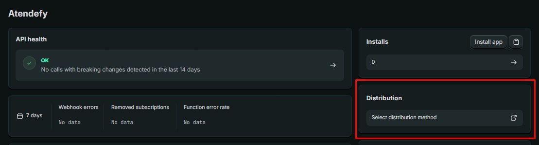 Seção Distribution do app no Dev Dashboard com o botão Select distribution method