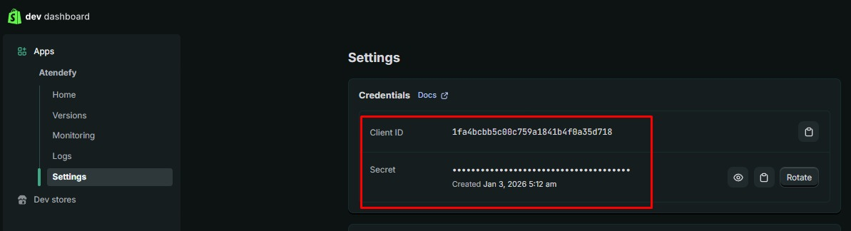 Tela de Settings do app exibindo Client ID e Client Secret para copiar